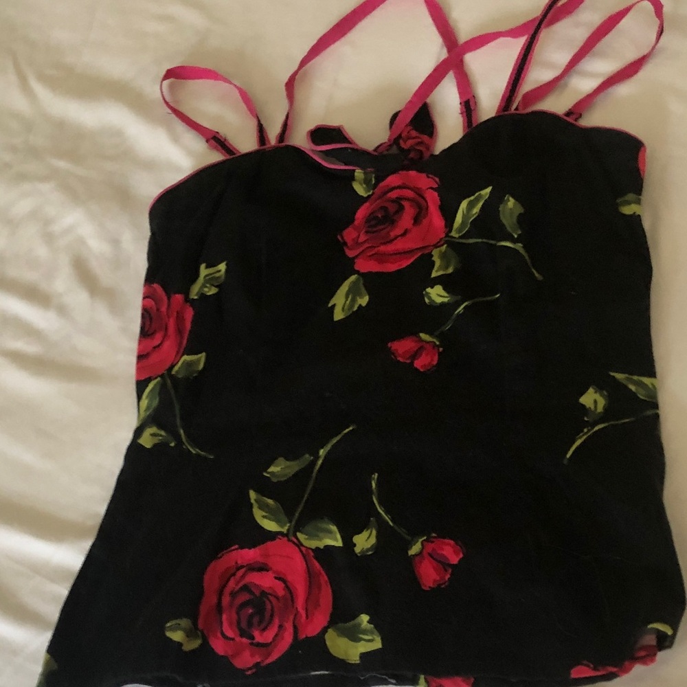 Voodoo Vixen Black Cami with Red Rose Print and Pink Straps